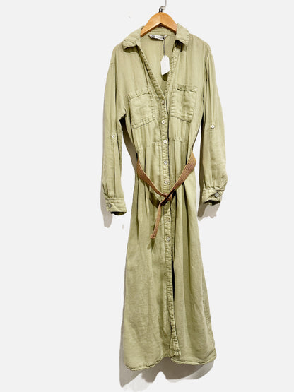 Zara Green Maxi Shirt Dress w/Belt - Medium