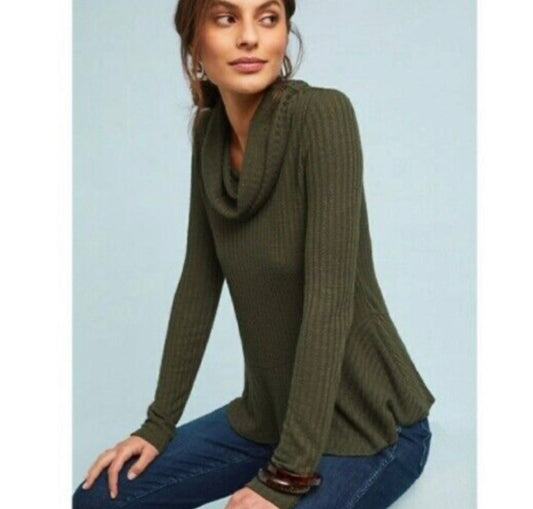 Anthropologie Maeve Green Ribbed Cowl Neck Top - XS