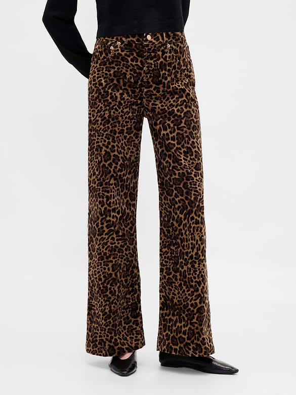 Gap High Rise Stride Corduroy Wide Leg Pants in Leopard - 29