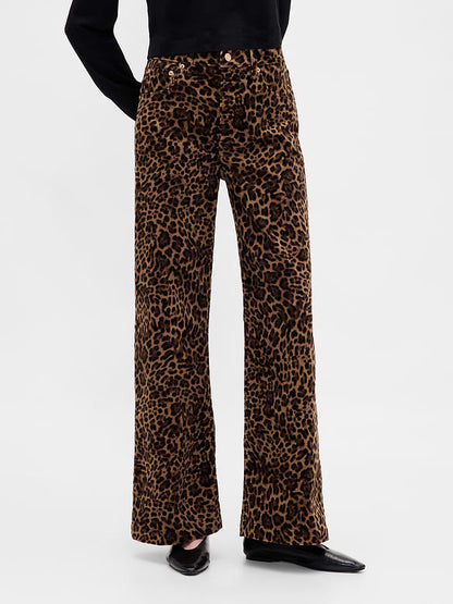 Gap High Rise Stride Corduroy Wide Leg Pants in Leopard - 29