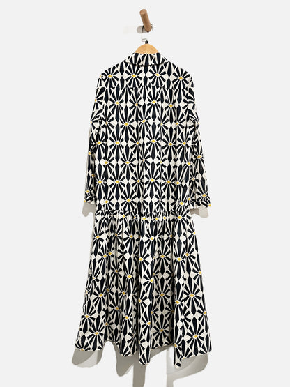 Zara White/Navy/Yellow Printed Midi Dress - Small