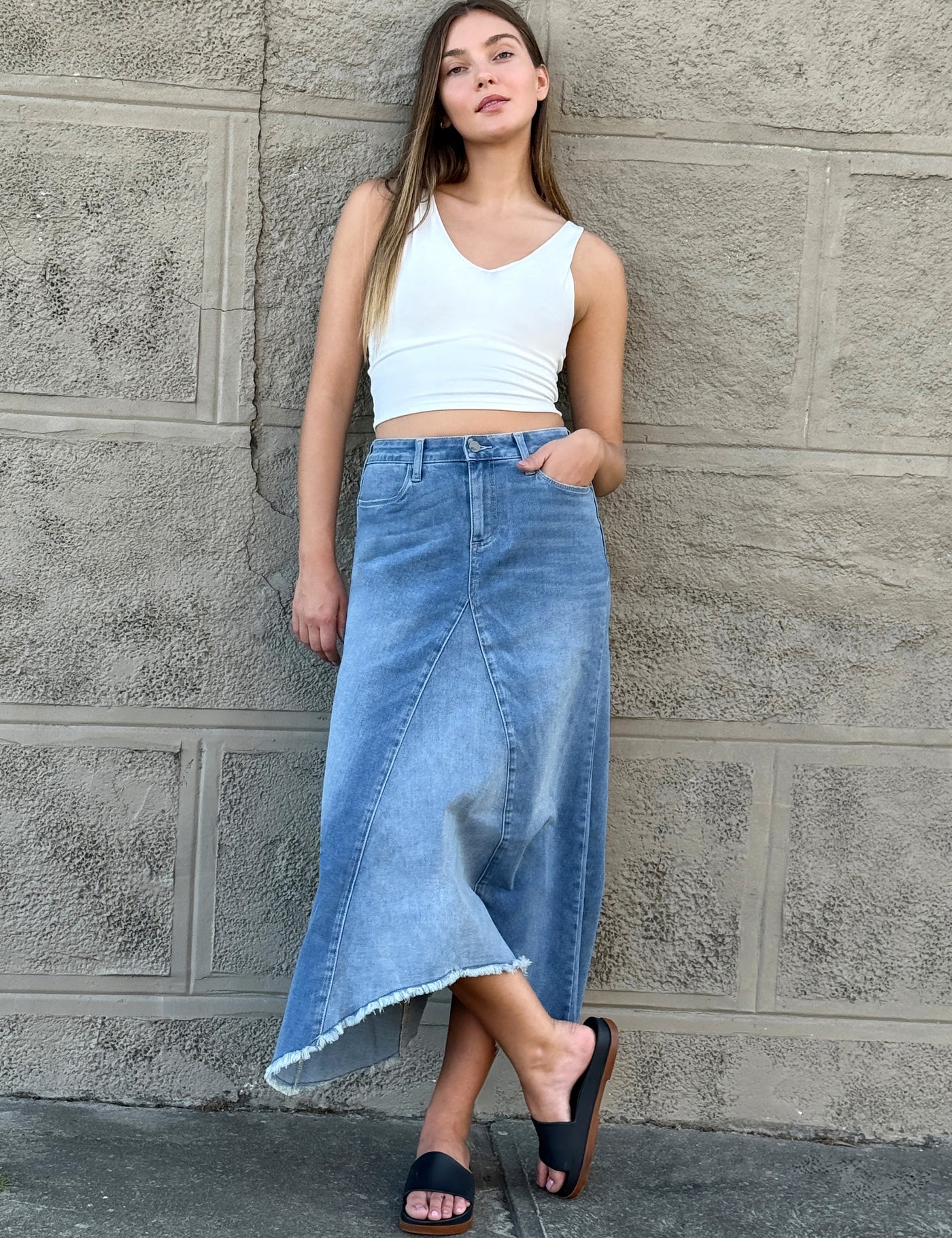 Wash Lab Selma Pieced Denim Maxi Skirt in Two Tone Sky - 26