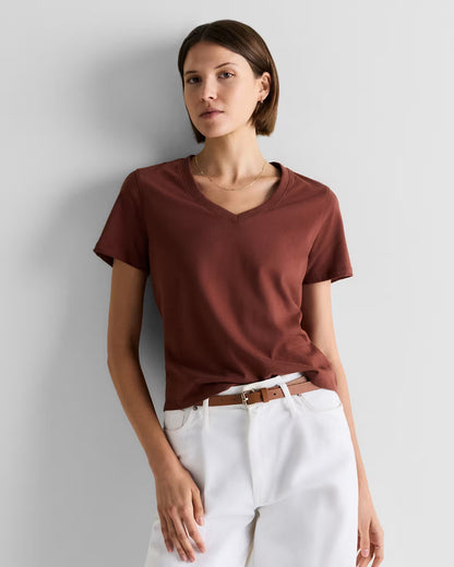 Quince NWT Cotton Boxy V-Neck Tee in Redwood Brown - Large