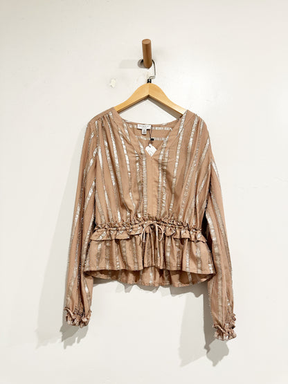 Anthropologie Current Air Tan Stripe Metallic Blouse - XS