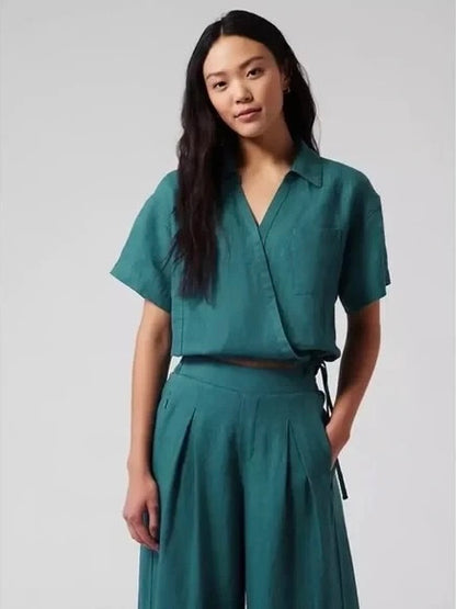 Athleta Playa Linen Tie Top in Borealis Green - Medium