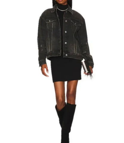 Free People Black Distressed Denim Jacket - Small