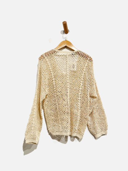 Vintage Cream Crochet Floral V-Neck Pullover - Small