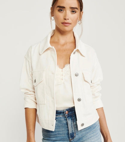 Abercrombie & Fitch White Corduroy Trucker Jacket - Small