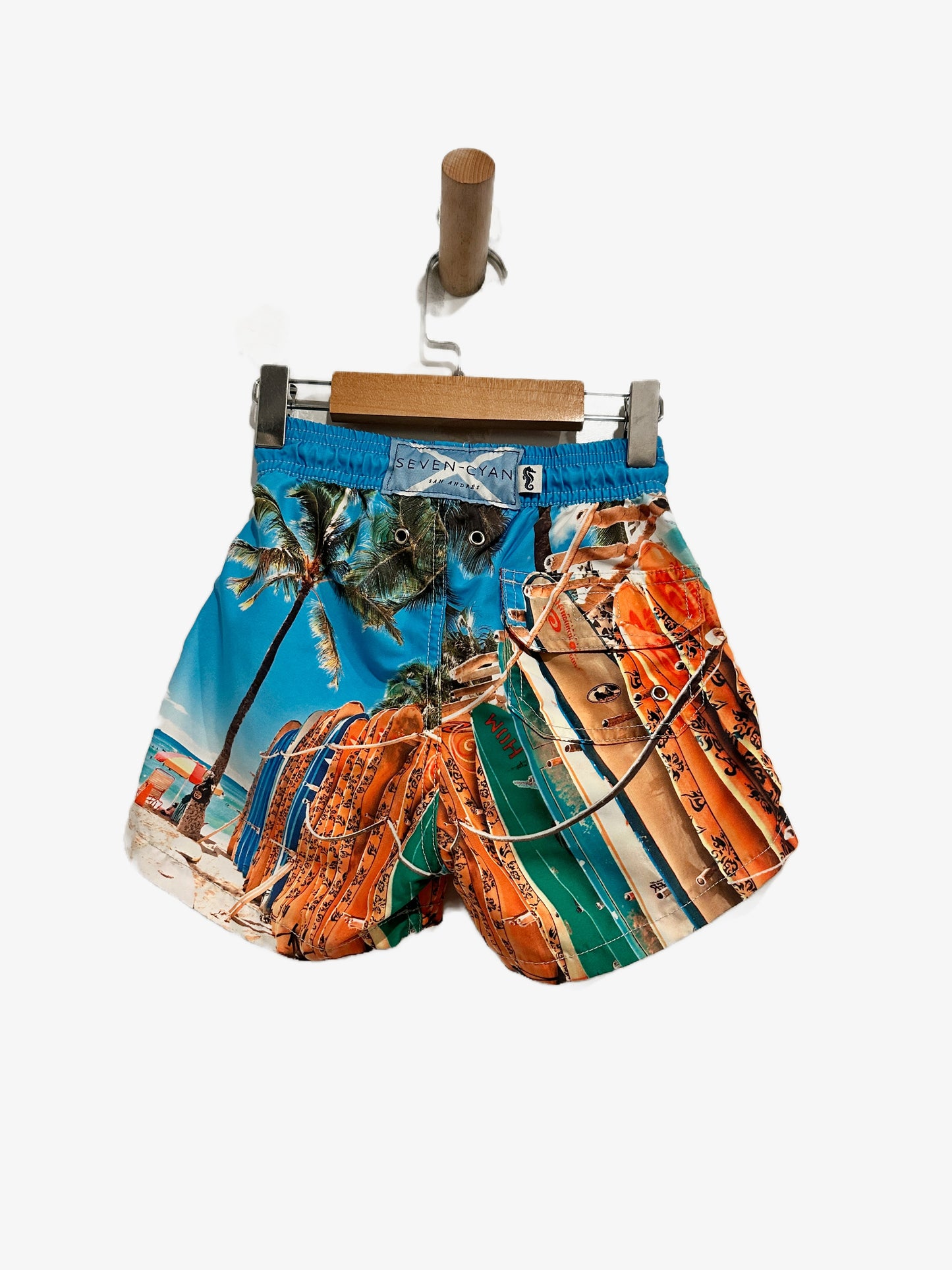 Seven-Cyan Kids Surf Board Print Swim Trunks - XS
