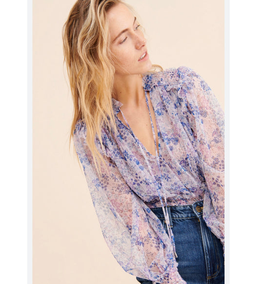 Free People Twyla Purple Floral Sheer Blouse - Medium