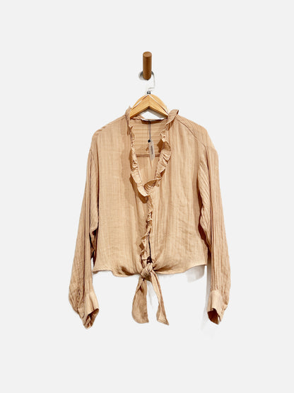 Zara Tan Button LS Tie Front Blouse - XS