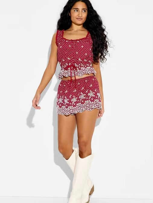 Wild Fable Red and White Eyelet Mini Skort - Small