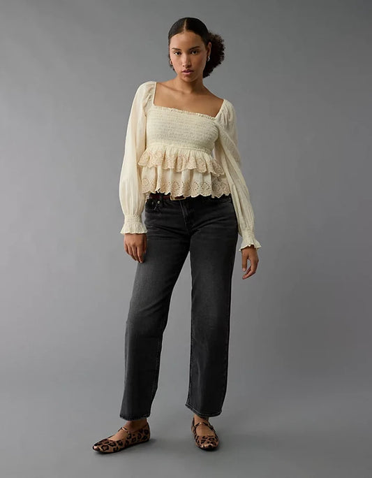 American Eagle Cream Smocked Blouse - XS