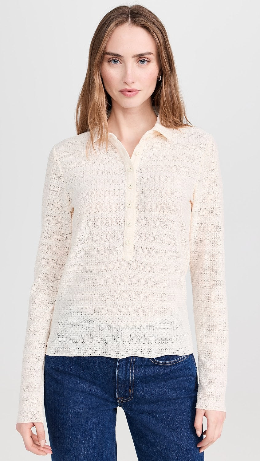 Rag & Bone Julia Pointelle Knit Long Sleeve Polo in Ivory - Medium