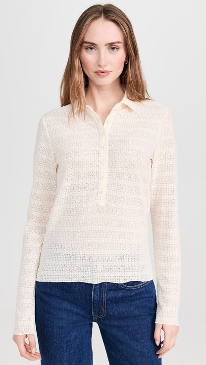 Rag & Bone Julia Pointelle Knit Long Sleeve Polo in Ivory - Medium