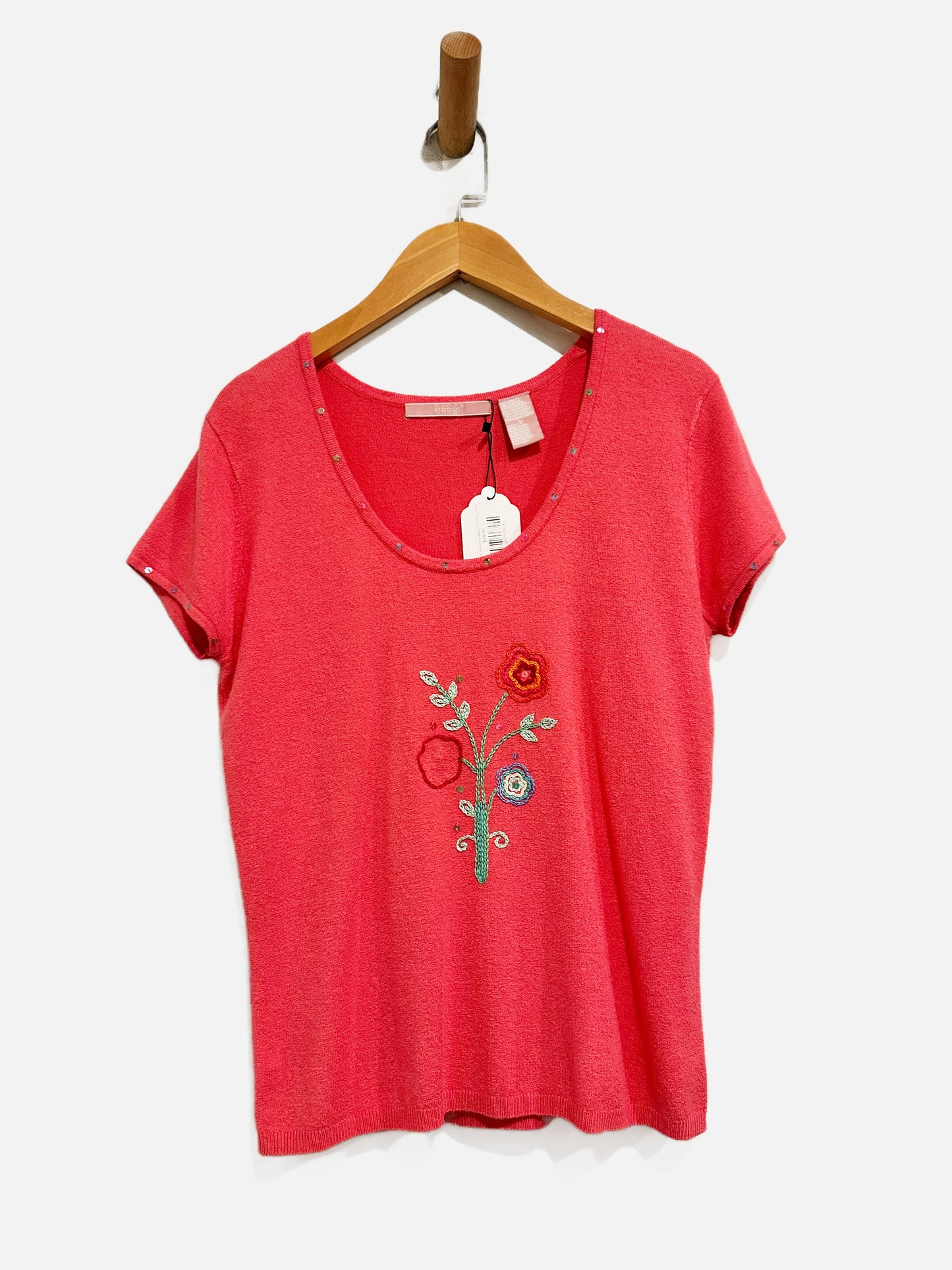 Easel Y2K Pink Embroidered SS Top - Large