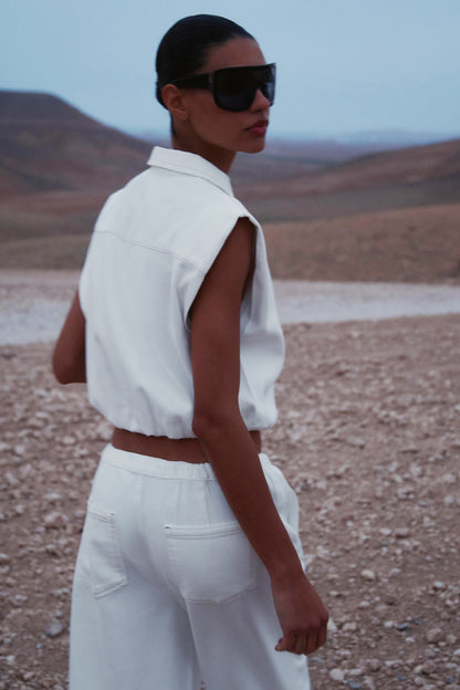 Zara White Elastic Waist Denim Zip Up Vest - Large