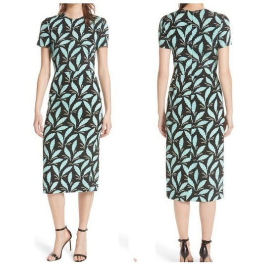 Diane Von Furstenberg Mason Black Leaf Print Short Sleeve Dress Size 8