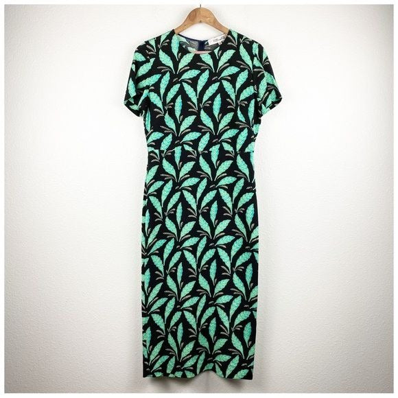 Diane Von Furstenberg Mason Black Leaf Print Short Sleeve Dress Size 8