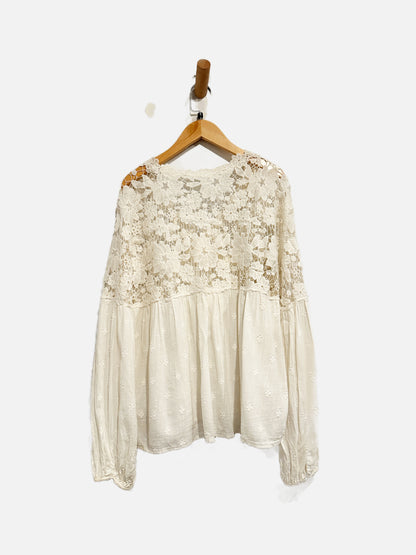 Free People White Lace Floral Blouse - Small