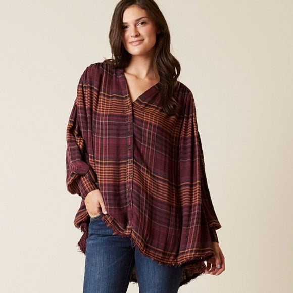 Free People Come On Over Oversized Plaid Shirt in Wine - XS