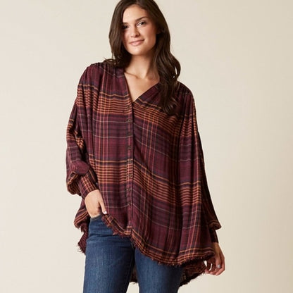 Free People Come On Over Oversized Plaid Shirt in Wine - XS