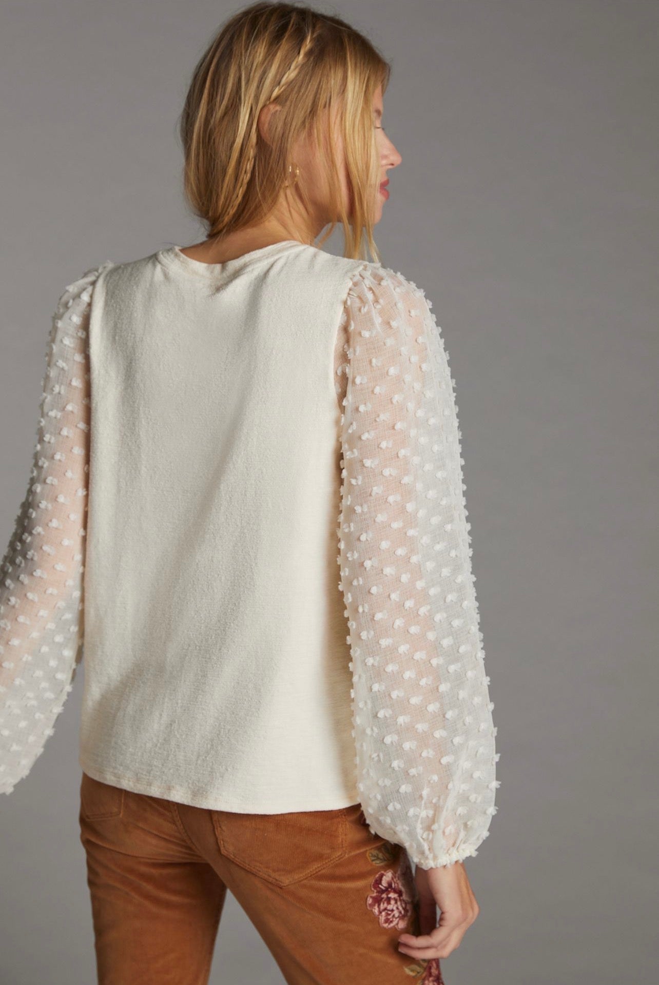 Anthropologie Maeve Textured Sleeve Top in Ivory - Medium