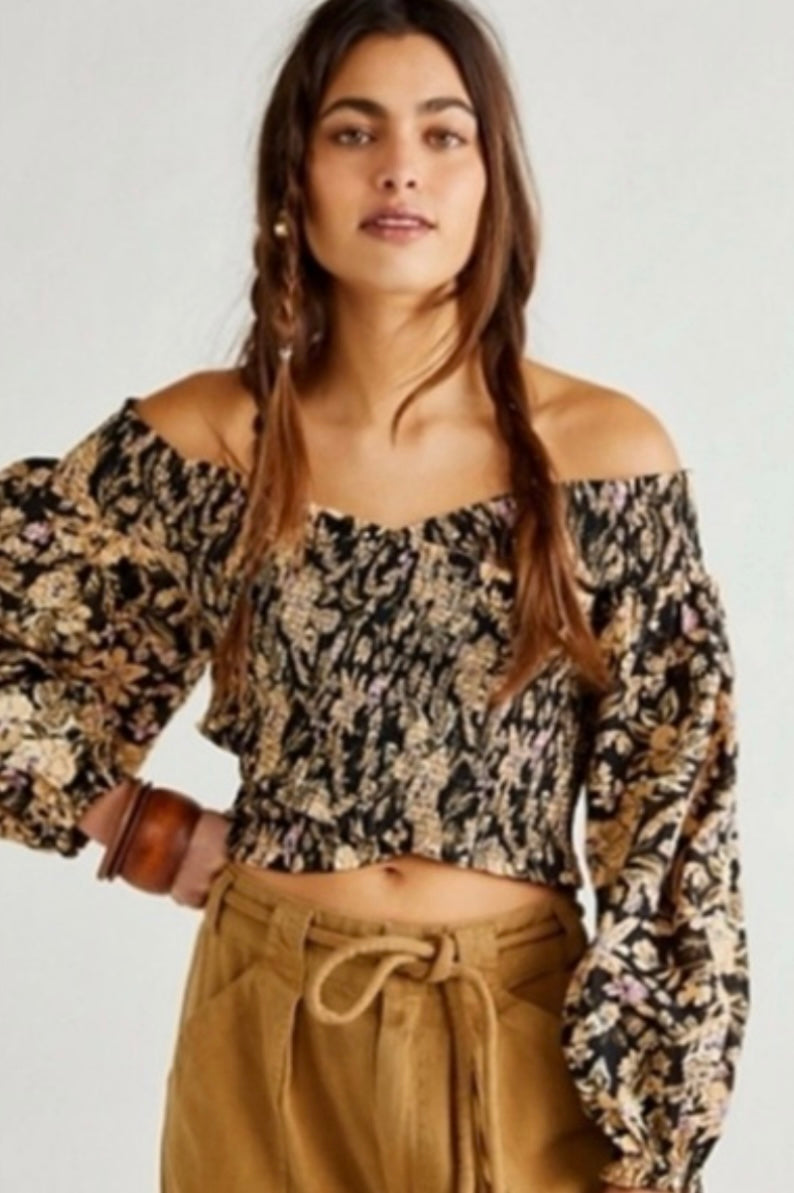 Free People Black Floral Smocked Wrap Top - Small