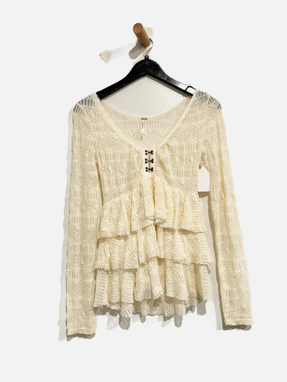 Free People Cream Ruffle Lace LS Top - XS