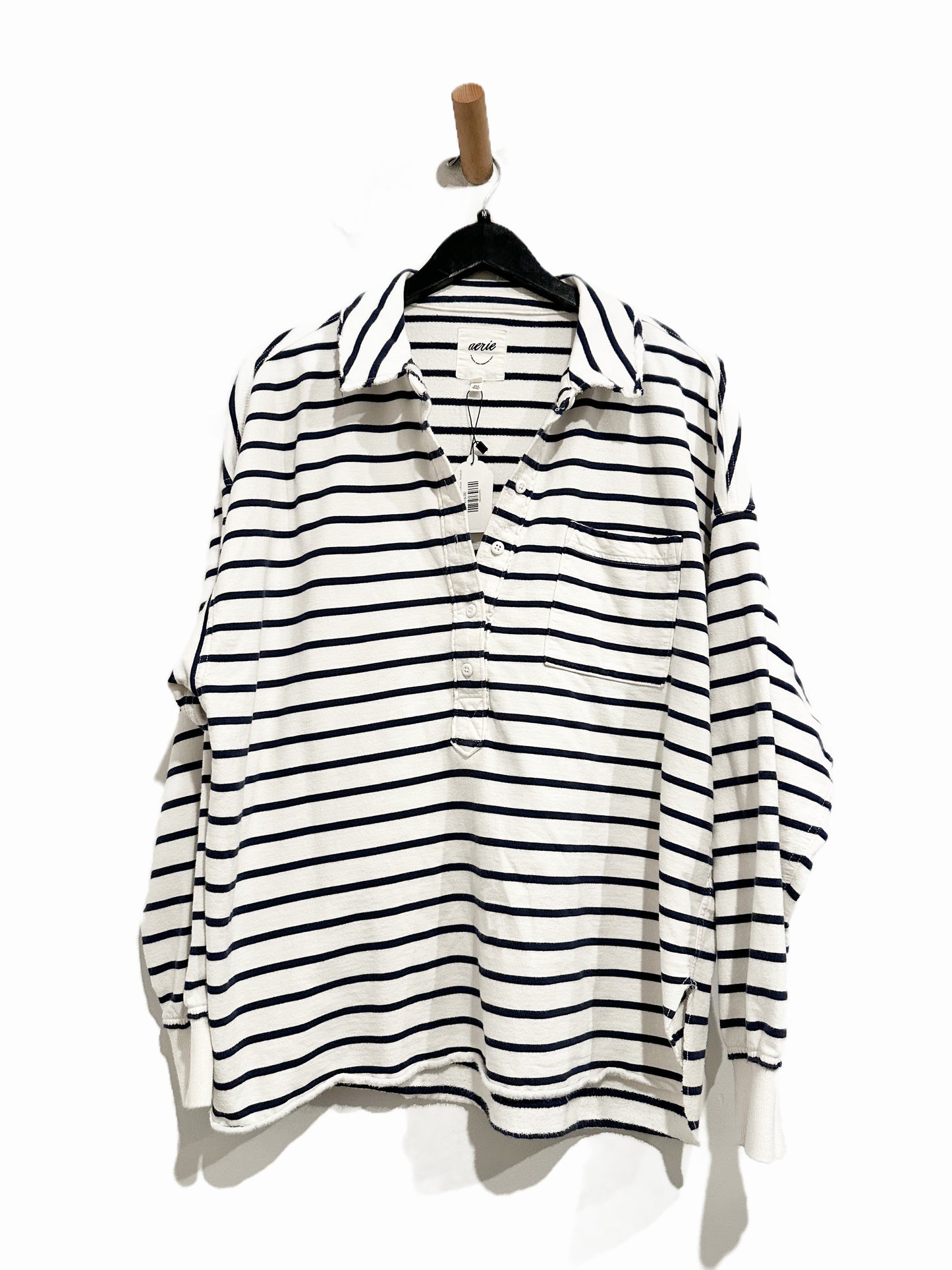 Aerie Take It Easy Popover Polo Sweatshirt in White & Navy - Medium