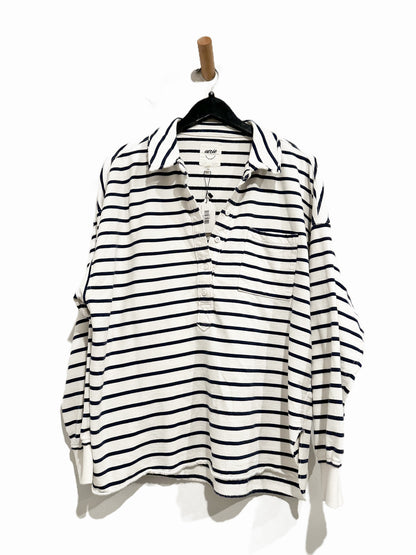 Aerie Take It Easy Popover Polo Sweatshirt in White & Navy - Medium