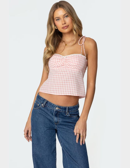 Edikted  Billie Open Tie Back Gingham Top in Light Pink - XS