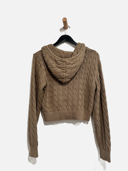 John Galt Brown Cropped Cable Knit Hoodie
