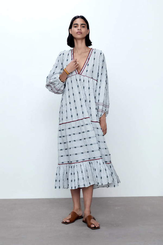 Zara Blue Stripe Ruffle V-Neck Maxi Dress - Small