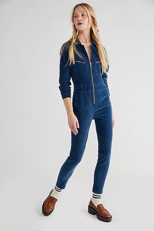 Free People Lennox Blue Corduroy Jumpsuit - Large