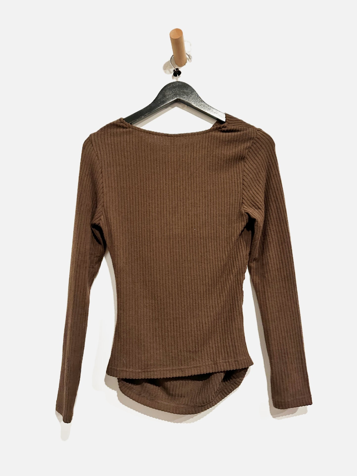 Pretty Garden Brown Ribbed Ruched LS Top - Small