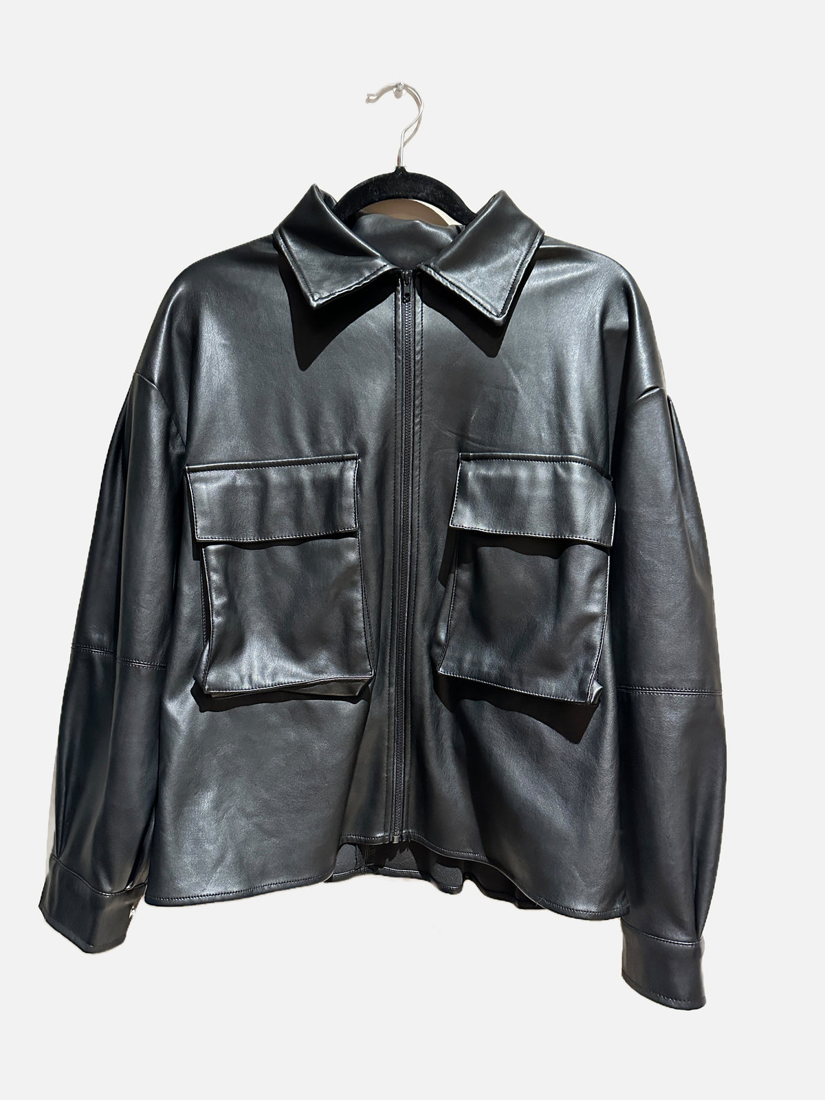 Shinestar Black Faux Leather Cargo Field Jacket - Medium