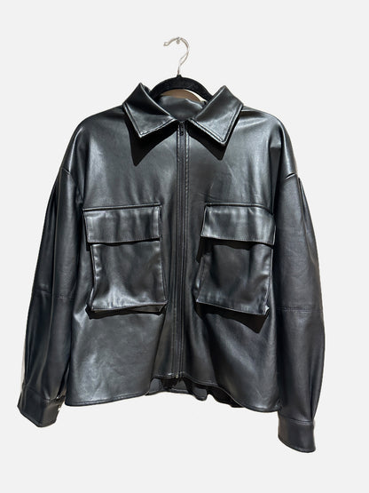 Shinestar Black Faux Leather Cargo Field Jacket - Medium