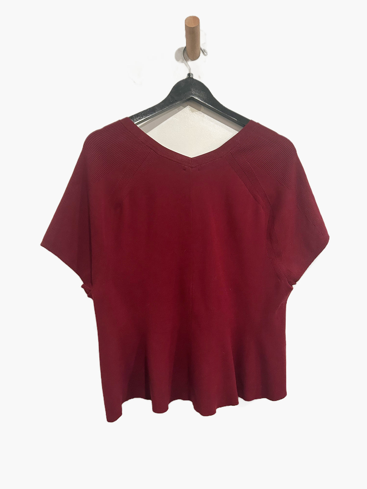 Anthropologie Maeve Short-Sleeve High-Neck Hourglass Ruffle Sweater in Wine - XL