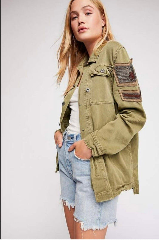Free People Green Military Beaded Jacket - XS