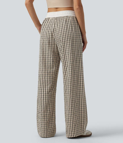 Halara Mid Rise Drawstring Wide Leg Baggy Pants in Oatmeal Khaki Plaid - Large