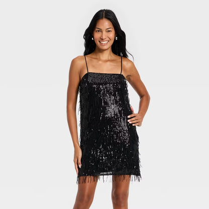 A New Day Black Sequin Fringe Mini Dress - Medium