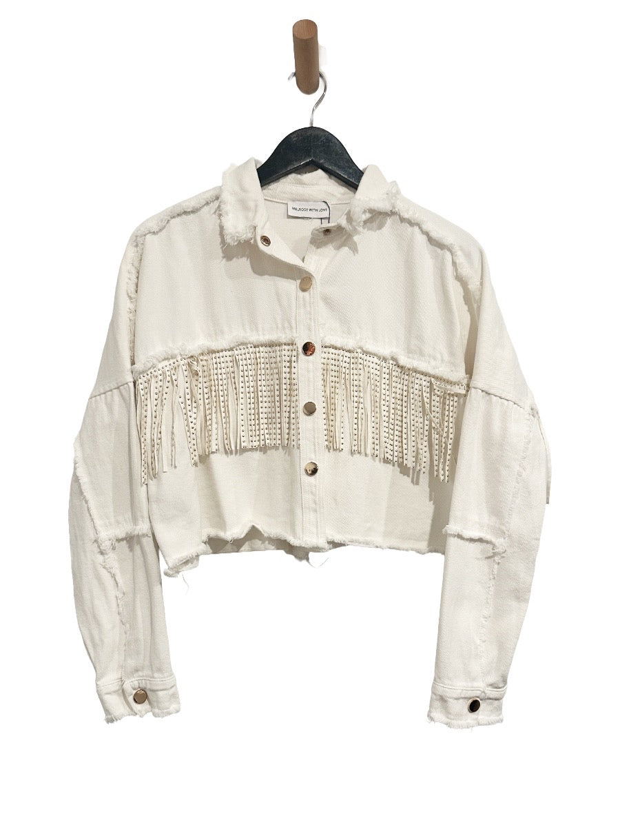 Melrose with Love White Fringe Cut Off Denim Jacket