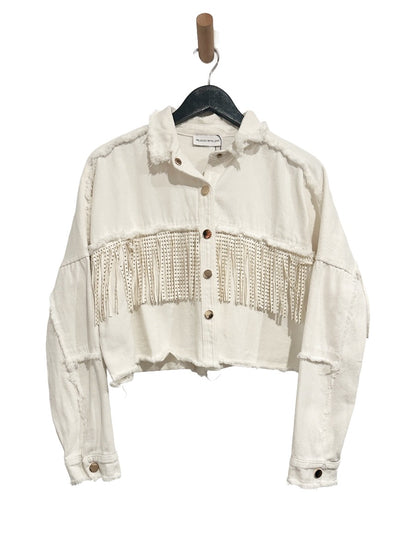Melrose with Love White Fringe Cut Off Denim Jacket