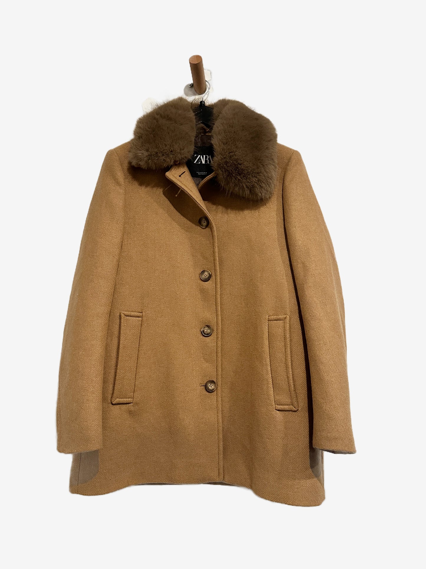 Zara Tan Coat with Faux Fur Collar - Small