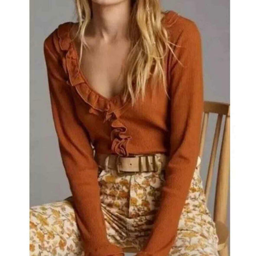 Maeve Orange Ribbed Ruffle LS - XL
