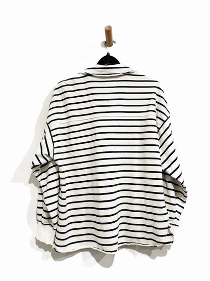 Aerie Take It Easy Popover Polo Sweatshirt in White & Navy - Medium