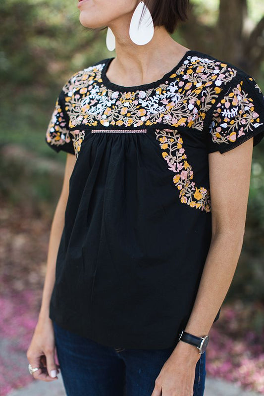 Madewell Black Embroidered SS Blouse - Medium