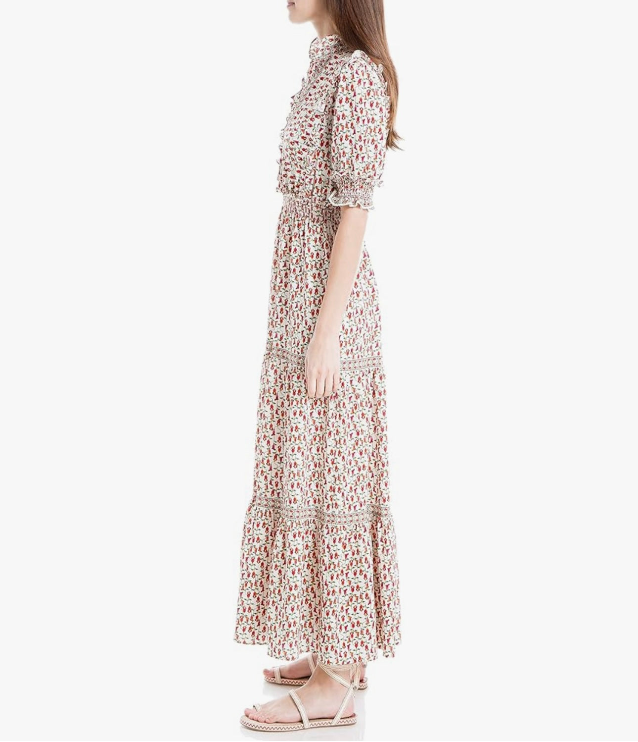 Max Studio White w/Red Flower Tiered Maxi Dress - Medium