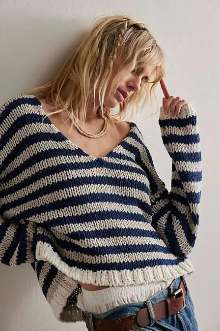 Free People Portland Blue Stripe Chunky Knit Top - XS